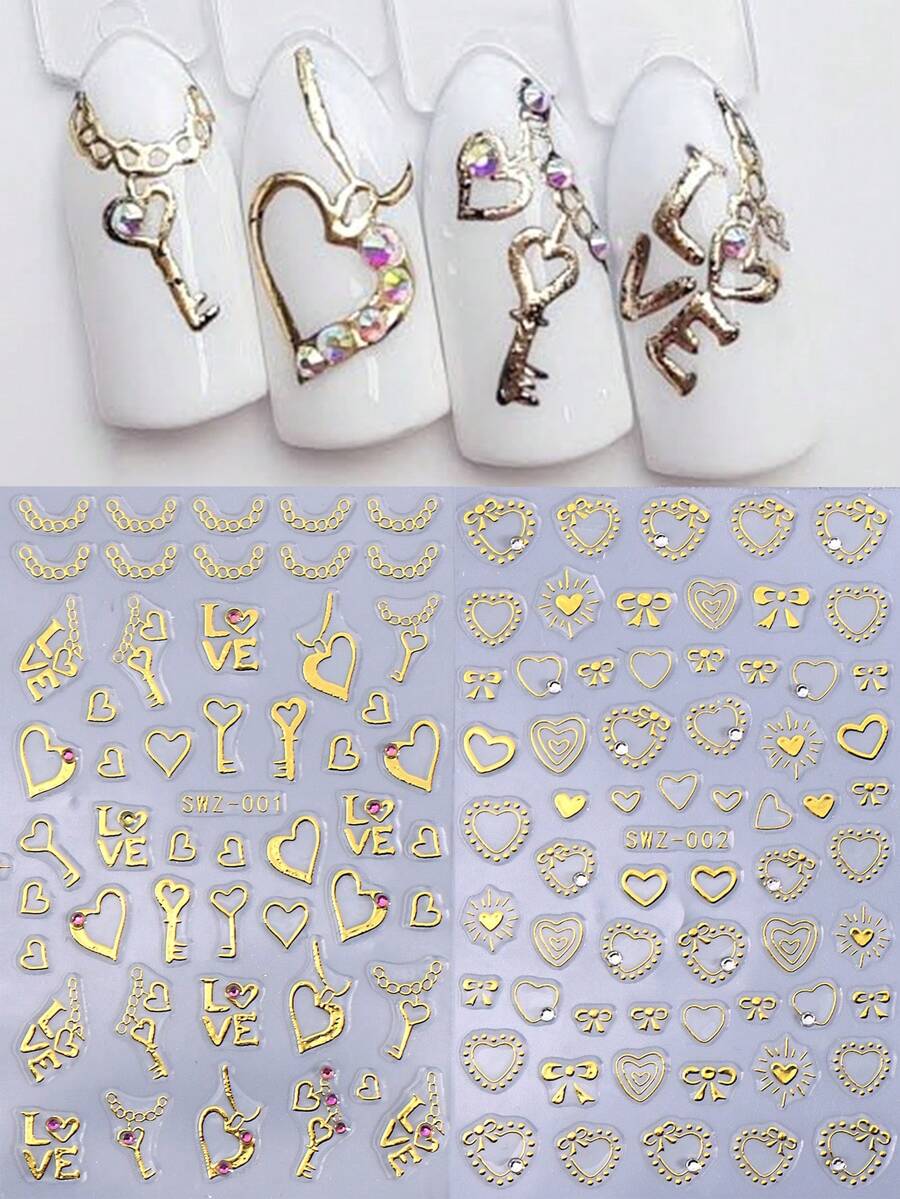 3D金色爱心水钻美甲贴纸2件装金属镂空甜心项链钥匙蝴蝶结链条粉色透明宝石饰品吊坠情人节美甲技巧女士女孩礼物DIY全息浪漫时尚婚礼节日自粘贴纸滑块美甲装饰用品 - 金色 - 查看 1