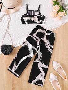 2pcs/Set Girls Casual Printed Camisole Top And Printed Pants, Summer Fashion Outfit - Black - View 7