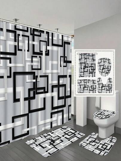 1/4 Juego de Cortina de ducha con diseño geométrico gris, Cortinas de baño, Tapa de inodoro y Alfombra de baño - Poliéster lavable, Decoración de baño para todas las estaciones, con patrón artístico en blanco y negro, 180 x 180 cm con ganchos, Decoración de baño | Decoración de baño moderna | Cortina de ducha duradera, Decoración de baño, Todo el año