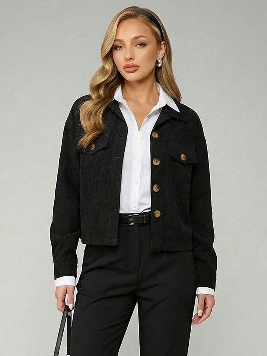 Casual Pocket Long Sleeve Corduroy Short Jacket, Spring/Winter(JH25009) - Black - View 1