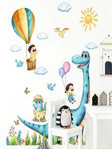 2pcs Cartoon Cute Dinosaur Decorative Wall Stickers, Children's Room Wall Creative Decor Stickers, Sun Hot Air Balloon Children's Room Decor Wall Stickers, Removable Wall Decals For Background - Multicolor - View 5