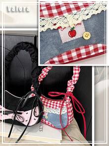 Cute Plaid Shoulder Bag For Women, Stylish Crossbody Bag With Lace And Denim Design, Korean Fashion Kawaii Mini Handbag , Small Square Purse For Commuting Soft Shoulder Strap  Birthday Gift Valentine's Day Gift - 彩色 - 查看 9