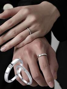 2pcs Elegant Cubic Zirconia Couple Rings Set, Versatile For Party & Daily Wear, Copper Material, Non-Fading & Hypoallergenic, Ideal Gift - Silver - View 2