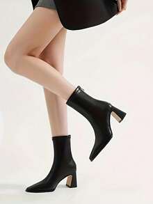 Women's Pointed Toe Side Zipper Anti-Slip Chunky Heel Ankle Boots, New Versatile Commuting Casual Fashion Solid Color High Heel Short Boots - Black - View 3