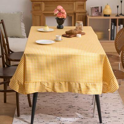 Toalha de mesa xadrez amarela com babados em estilo minimalista e fresco, estilo casa de campo americana, para cozinha, mesa de jantar, mesa de centro, suporte de TV, hall de entrada, adequada para feriados, festas, casamentos, banquetes e como fundo fotográfico em todas as estações.