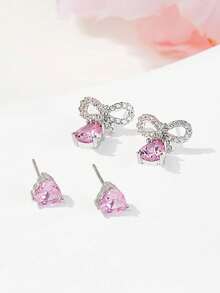 2pcs Cute & Refreshing Pink Bow Earrings, Minimalist Design, Shiny Heart Earrings, Ideal Gift For Best Friends - Multicolor - View 2