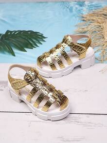 新款时尚女童罗马凉鞋，优雅公主鞋，鳄鱼纹金色高跟凉鞋，适合夏季日常穿着、派对和海滩活动 - 金色 - 查看 5