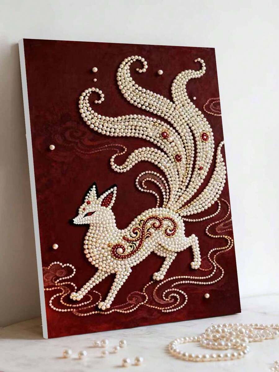 1套，新款珍珠画套装，狐狸图案，5D DIY珍珠形钻石局部钻石画套装，适用于家居客厅、卧室、书房等墙面装饰艺术，惊喜礼物，圣诞节、新年礼物、生日礼物