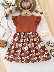 1pc Girls Floral Princess Dress, Ruffled Sleeve Bow Decor Two-Piece Dress, Suitable For 4-8 Years Old, Outdoor, Casual, Party, Holiday Gift, Birthday Gift - Brown - View 2