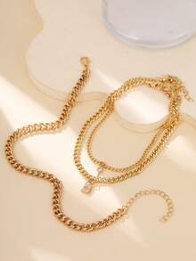 3pcs Layered Women Anklets, Mixed Lock & Key Pendant Chain Design, Vintage Elegant Casual Chic Vibe - Yellow Gold - View 5