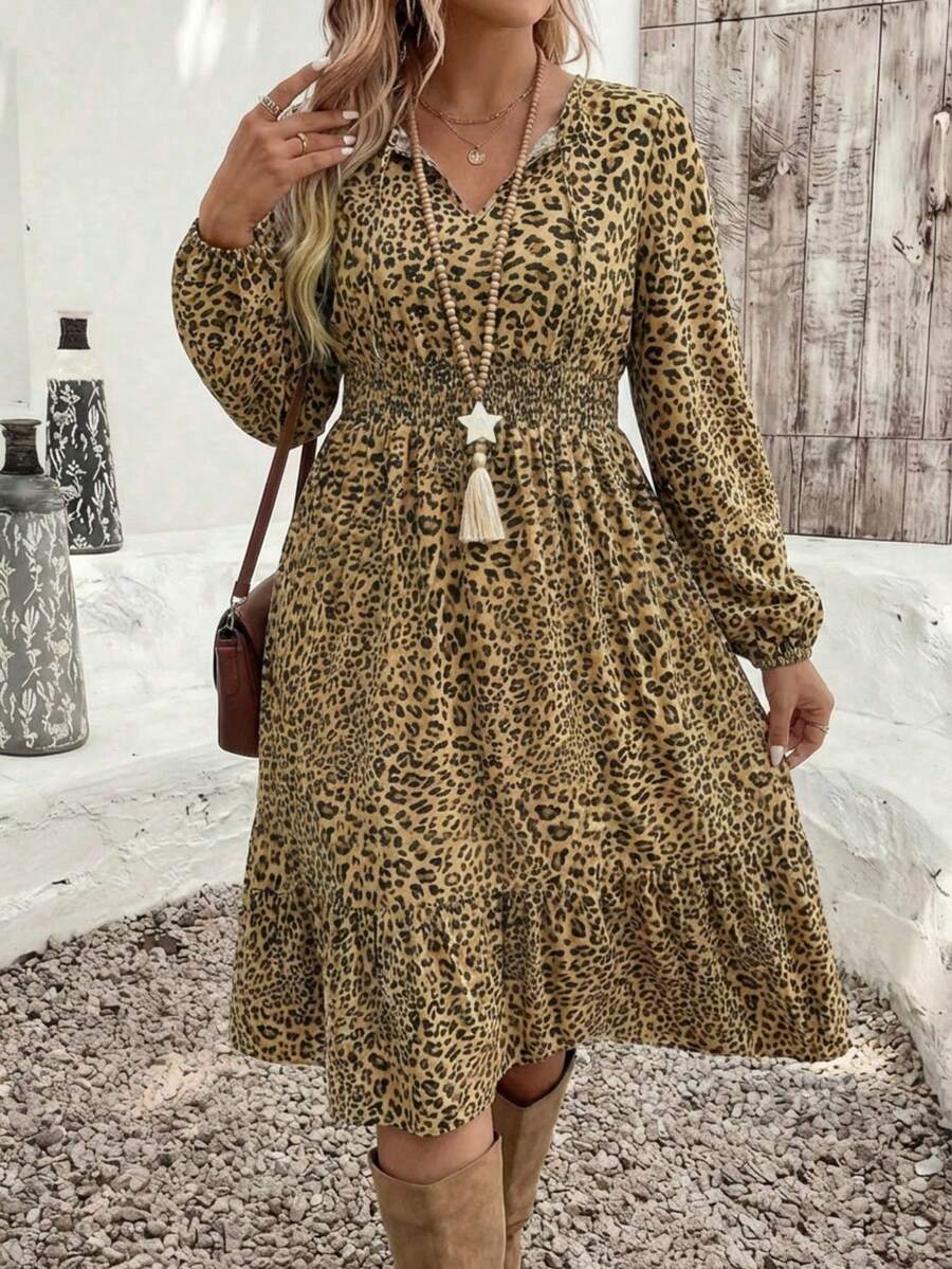 فستان نسائي كاجوال أنيق بطبعة نمر قصة A، بطراز بوهيمي، مناسب للعطلات والحفلات والمواعيد - لون مشمشي - مشاهدة 1