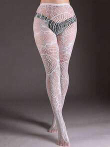 1pc Retro Tattoo Sexy Black Hollow Pattern Jacquard Stirrup Tights, Fishnet Pantyhose For Women - Multicolor - View 6