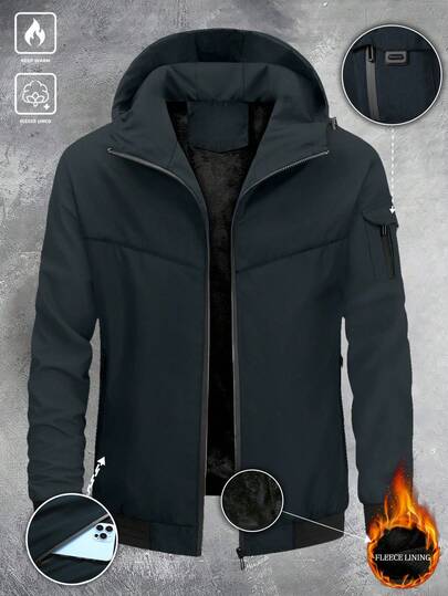 户外运动休闲连帽夹克带口袋，保暖内衬厚保暖外套，适合春季、秋季、冬季、父亲节