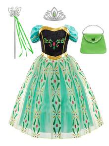 Bộ 4 món cho bé gái: Váy in hoa màu xanh lá cây, tóc giả, vương miện, đũa phép, túi xách, trang phục hóa trang Giáng sinh, Halloween, lễ hội cho trẻ em. - màu xanh lá - Xem 9