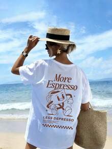 Áo thun nữ cỡ lớn dáng rộng cổ tròn tay ngắn in hình câu lạc bộ cà phê đậm đặc, phong cách mùa hè thường ngày. - trắng - Xem 10