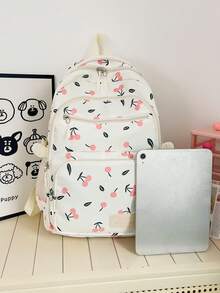 Bộ 3 balo nylon in hình quả anh đào, balo gấp gọn nhiều ngăn, dung tích lớn, chống thấm nước, có khóa kéo, phù hợp cho thanh thiếu niên, học sinh trung học, sinh viên đại học, đi làm hàng ngày, du lịch, quà tặng ngày Valentine. - Màu be - Xem 3