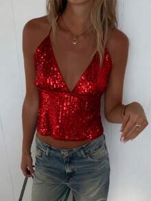 Women Y2k Sequin Halter Tops Spaghetti Strap Sparkly Crop Cami Top Backless Glitter Going Out Tank Tops - Đỏ - Xem 3