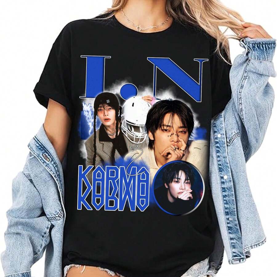 I.N Stray Kid Karma T-Shirt, Stray Kid Karma Album Shirt, Stray Kid Ceremony Shirt, Stray Kid DominATE SKZOO World Tour 2025 Tee - 黑色 - 查看 1
