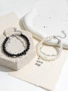 2pcs Handmade Beaded Black & White Star Sequin Stackable Bracelets, Minimalist Couples Everyday Wear - Black and White - View 2