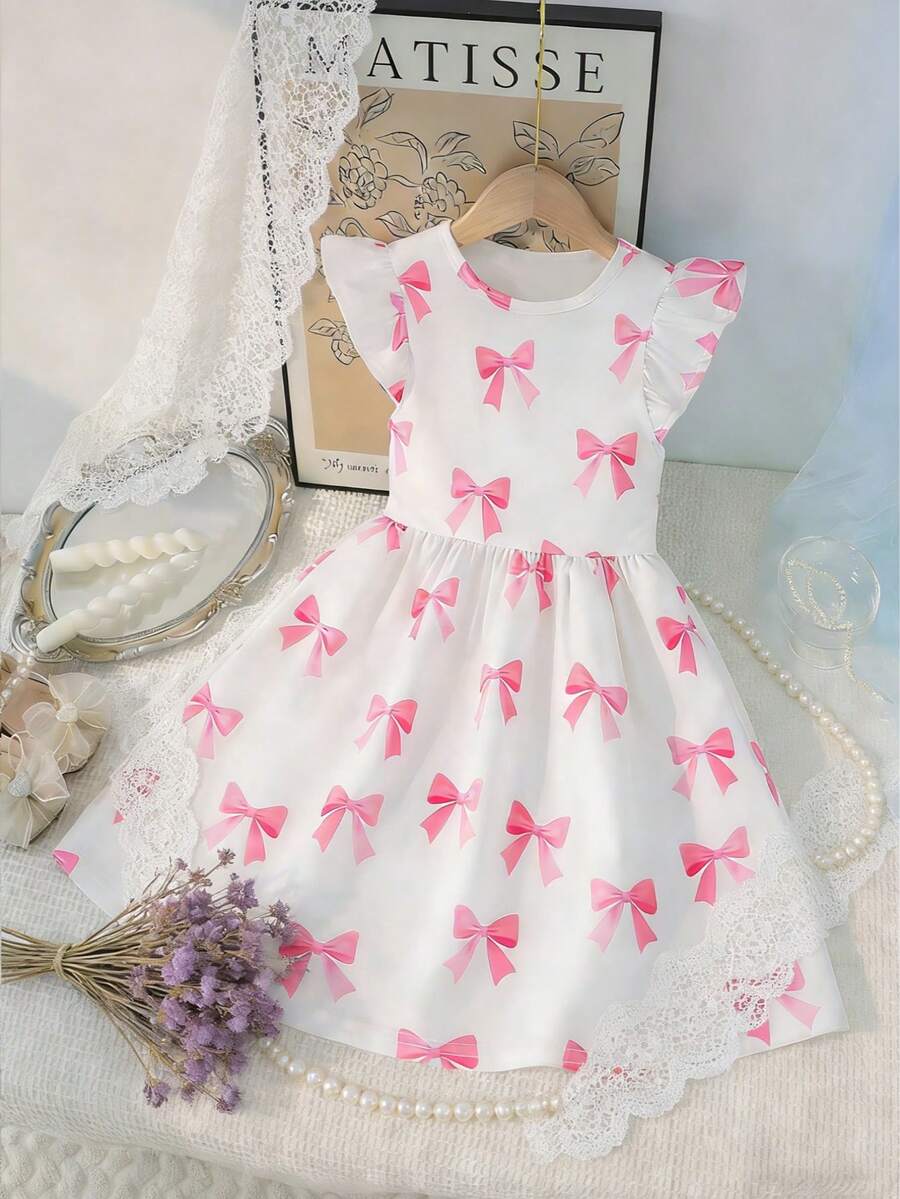 Girls Casual Outdoor Fashionable Cute Versatile Bow Allover Print Round Neck Cap Sleeve Fitted Dress, Spring/Summer - White - View 1