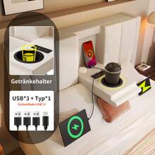 Polsterbett 90x200 Cm Einzelbett Mit Verstecktem Becherhalter & Ladestation, Hydraulisches Bett Mit Stauraum Unter Dem Bett, Inkl. Lattenrost, Leinen Beige(Mit Matratze) - White - View 3