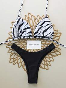 Bộ bikini hai mảnh họa tiết sọc ngựa vằn và màu trơn tương phản, gợi cảm, hở lưng dành cho nữ, thích hợp cho bãi biển, khu nghỉ dưỡng, lễ hội, kỳ nghỉ hè. - Đen và trắng - Xem 2