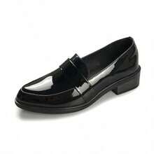 4cm Thick Heel Women's Loafers, Black PU Leather Glossy Business Office Work Slip-On Shoes, Matte Black - glossy black - View 7