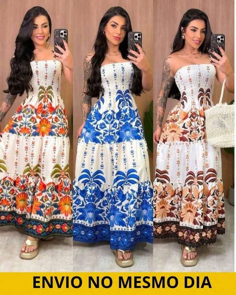 Vestido Longo Tomara Que Caia Estampado Floral Verão Moda Feminina Carnaval - Marrom - Visão 2