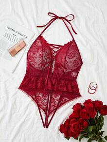 Women's Sexy Ribbon Cutout Backless Jumpsuit - Burgundy - View 1