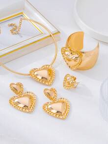 几何3D心形吊坠项链、耳环、手链、戒指首饰套装，优雅女士礼物，派对佩戴