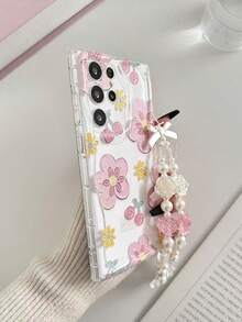 Cherry Blossom Printed Cream Wavy Edge Glossy Painted Anti-Drop Phone Case With Beaded Bracelet Accessory, Compatible With Samsung Galaxy S25/S25PLUS/S25 Ultra/A16/A36/A26/A56/A50/A12/A32/A52/A72/A51/A21S/A13/A14/S24/S24PLUS/S24Ultra/S20/S23/S22/A53/S20FE/S21/, 11/12Pro/12/12X/13Pro/14Pro/15Pro/X3pro/, Redmi 10/9/Note9/12c/Note11pro/Note8Pro/9C/9a - Multicolor - View 4