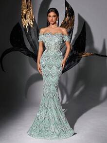 Đầm dạ hội không dây vai đính sequin và hạt cườm, thiết kế thời trang quyến rũ, nổi bật trong các bữa tiệc, đám cưới, mùa xuân. - Màu xanh bạc hà - Xem 2