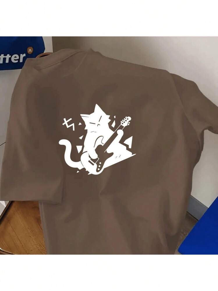 Men's Cotton T-Shirt With Printed Design Of A Kitten, Music, Guitar, Instrument, And Cute Animals. Streetwear, Skater Style, Casual, Basic. - Óxido marrón - Añade 1