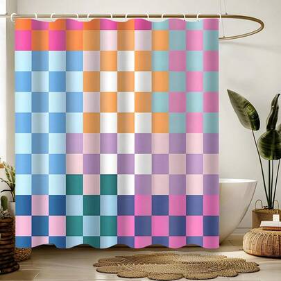 1pc/3pcs/4pcs Color Grid Splicing Shower Curtain Set, Toilet Seat Bath Mat Floor Mat Set, Modern Color Grid Printed Shower Curtain, Very Suitable For Bathroom Decoration, Universal Room Decoration, Home Decoration Set, Bathroom Accessories Bathtub Curtain, Toilet Seat Floor Mat Shower Curtain Set