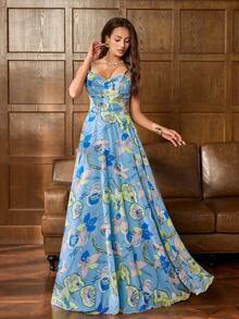 Faeriesty 优雅女士印花连衣裙：采用交叉露背设计，饰以精致印花，配有可调节细肩带、高开衩侧边和修身剪裁——完美适用于新娘写真、花园婚礼宾客、浪漫周年纪念晚餐、目的地婚礼和其他优雅的室内活动。适合派对、度假、春季等场合。 - 藍色 - 查看 3