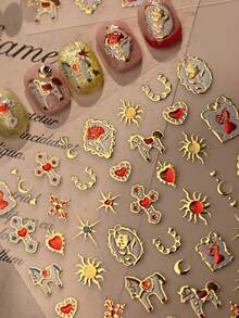 1 Stück Vintage Präge-Schaukelpferd, Stern, Mond, Herz Totem, Rose, Edelstein, Schloss, Hengst Nail Art Aufkleber, 5D mysteriöse elegante Nail Decals, selbstklebende Nail Art Dekorationen für Frauen Nägel Nagelbedarf - Verschiedenfarbig - Übersicht 6