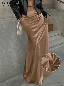 Falda de línea A de punto brillante de unicolor elegante y casual para mujer VIVINA, adecuada para uso diario, citas, salidas, looks de aeropuerto, invitados de boda, viajes de primavera y verano - Albaricoque - Ver 8