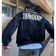 Chaqueta de motocicleta de carreras bordada con frijoles MM, ropa de béisbol de algodón holgada y retro para hombres y mujeres, abrigo con cuello alto y grueso para parejas - Negro - Estilo primavera/otoño - Ver 2