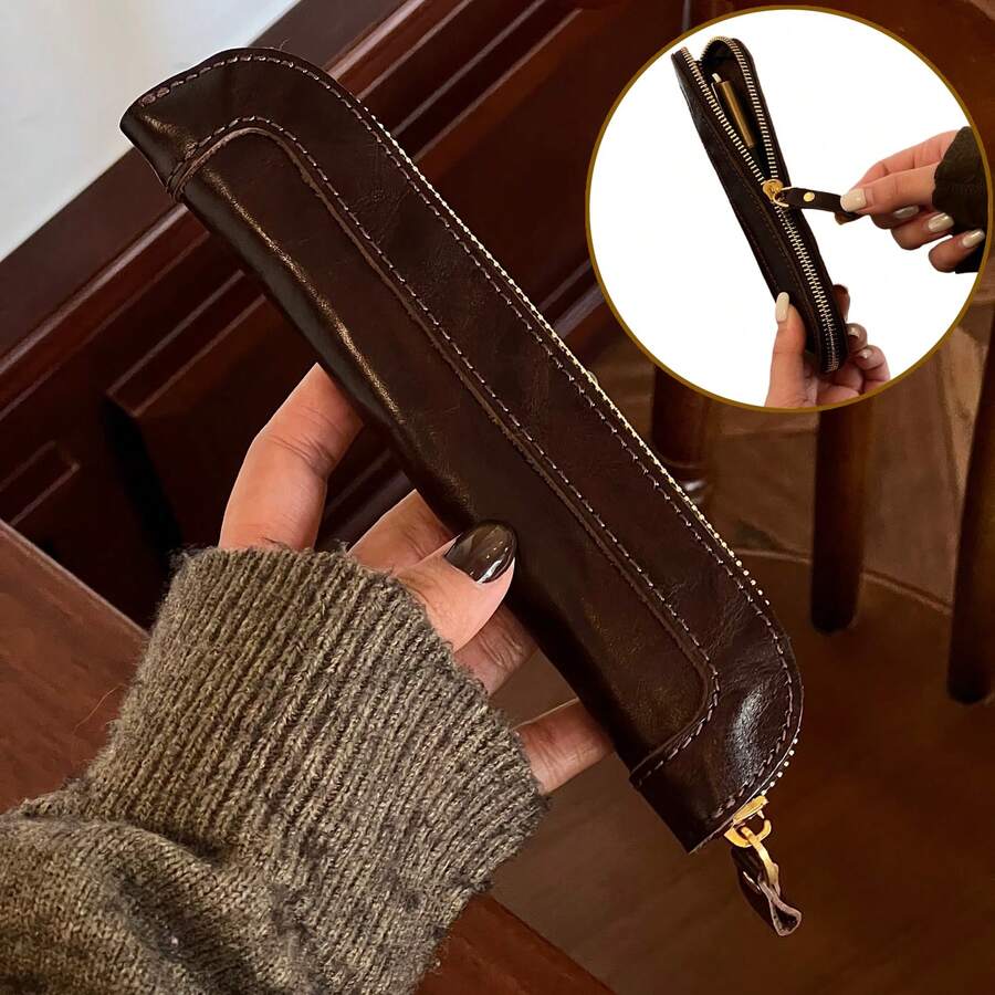 复古全粒面皮革铅笔盒，手工制作多功能收纳袋，简约手拿包，纤薄拉链设计，可装钢笔、圆珠笔和铅笔，简约风格男女通用日常携带收纳包 - 彩色 - 查看 1