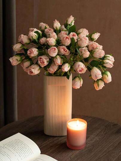 1/3pcs Pink Artificial Multi-Head Roses, 7pcs Mini Fake Dried Roses With Green Leaves, Bohemian Farmhouse Style Bouquet, Suitable For Home Decor, Room Decor, Bouquets, Artificial Flowers, Women's Gifts, Fake Flowers, Fake Plants, Valentine's Day, Mother's Day