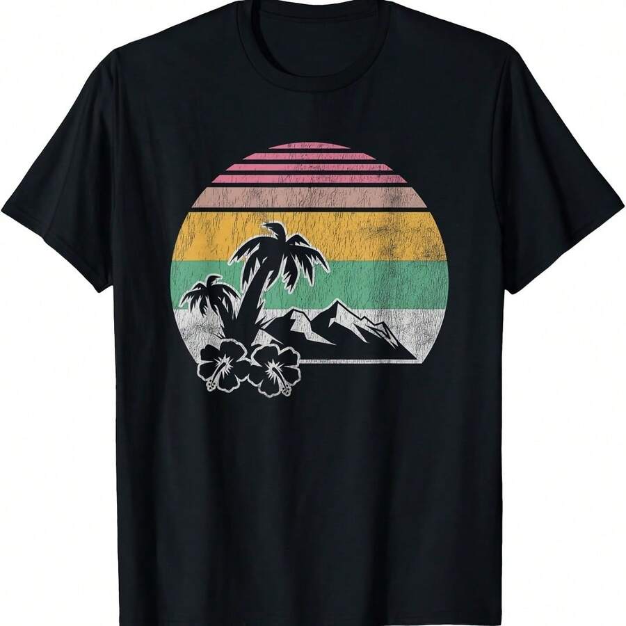 Retro Tropical Sun Mountains Circle T-Shirt - Yellow - View 1