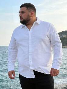 Camisa casual de unicolor para hombre de talla grande, camisa de ocio de cuello clásico con botones ocultos de moda para talla grande - Blanco - Ver 2
