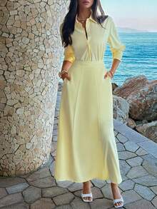 Unadoll Women's Half-Open Collar Button Design Waist Elegant Dress, Suitable For Dates, Outings, Thanksgiving, Commuting, Christmas And Other Occasions - Yellow - View 6