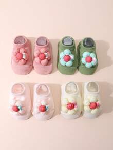 4 Pairs Baby Cute Floral Short Socks, Cotton Toddler Non-Slip Boat Socks For Daily Wear - Multicolor - View 2
