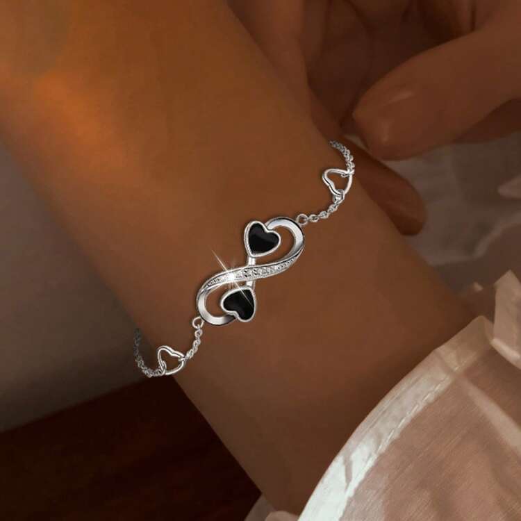 925 Silver Hollow Infinite Love Heart Zirconia Inlaid Women's Bracelet, Elegant & Sweet Gift For Valentine's Day, Daily Wear, Party, Family & Friends, Birthday - Silver - View 7