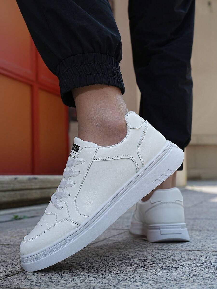 Platform Sneakers For Men, White Chunky Sole Skate Shoes, Low Top Casual Lace Up - Unique Gift For Teen Boys, Skate Shoes For Street Style - 白色 - 查看 1