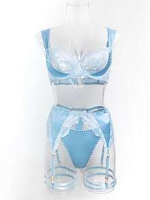5pcs Set Sexy Light Blue Women's Lingerie Set, Sexy & Fashionable Lace Patchwork Hollow Design - Baby Blue - View 5