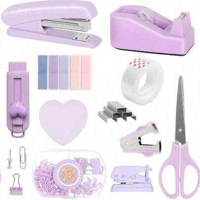 1件套马卡龙桌面办公文具套装，包含订书机、胶带座、剪刀、打孔器，颜色随机发货