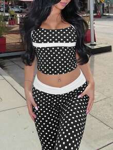 Completo casual da donna a pois, adatto per strada, vacanza, festa, primavera/estate, colore nero - nero - Visualizzare 3
