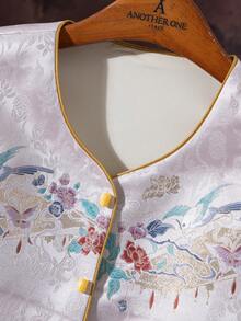 This Crane And Floral Design Creates A Modern Chinese Style Round Neck Vest For Women, Offering An Elegant And Casual Look. The Lightweight Sleeveless Tang-Style Vest Is Perfect For Spring And Summer, Layered Over A Shirt. Made Of Comfortable Fabric, It Features A Shorter Front And Longer Back, With Side Slits. Suitable For Holidays, Casual Wear, Vacations, Social Occasions, And Everyday Wear. - 花色 - 查看 6